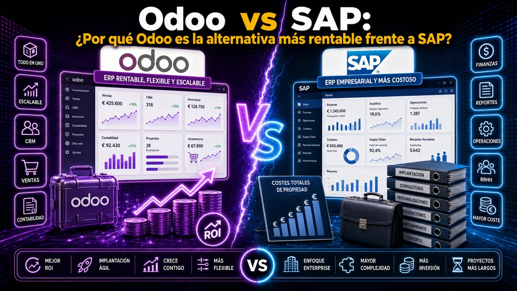 Comparativa entre Odoo y SAP sobre rentabilidad, costes de implantación, flexibilidad y escalabilidad empresarial.