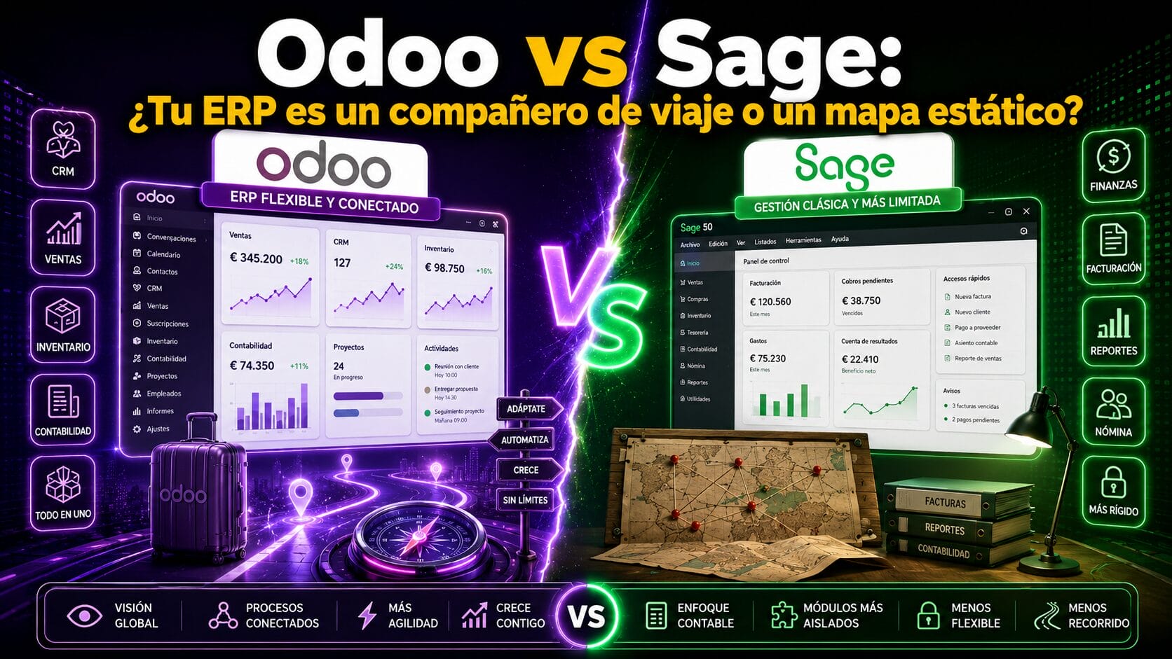 Comparativa visual entre Odoo y Sage usando la metáfora de un compañero de viaje frente a un mapa estático.