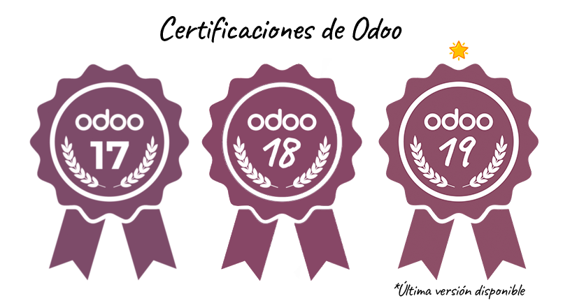 Certificaciones Odoo de Edyma por versión Sellos de certificación de Edyma en Odoo 17, Odoo 18 y Odoo 19