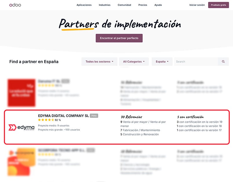 Edyma Digital Company como Partner Odoo España en el directorio oficial de partners de Odoo